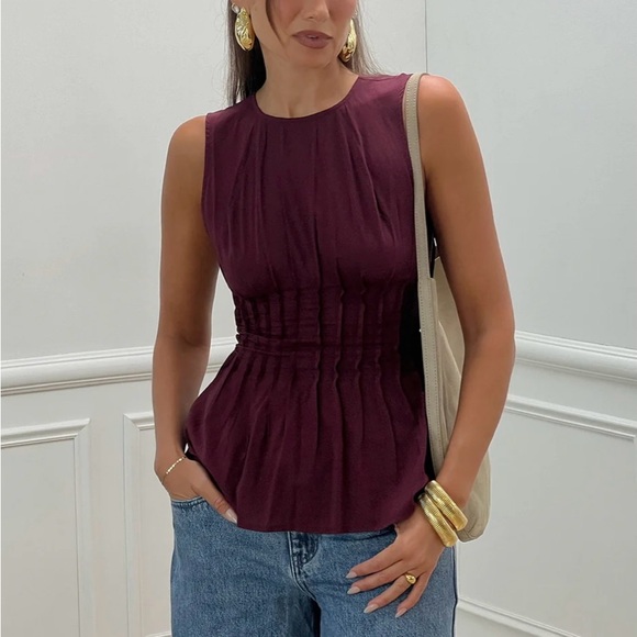 WeWoreWhat: Pleated Peplum Top, Burgundy, Size 8 - Picture 2 of 5